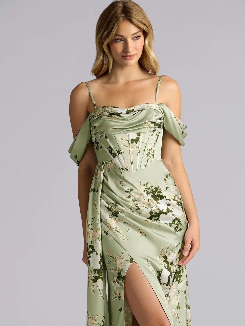 Azazie Sage Green Floral Satin Dress